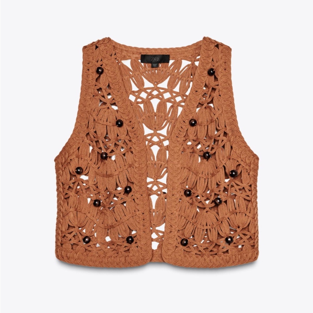 Zara Large Beaded Brown Crochet Vest Top 2142/066/700